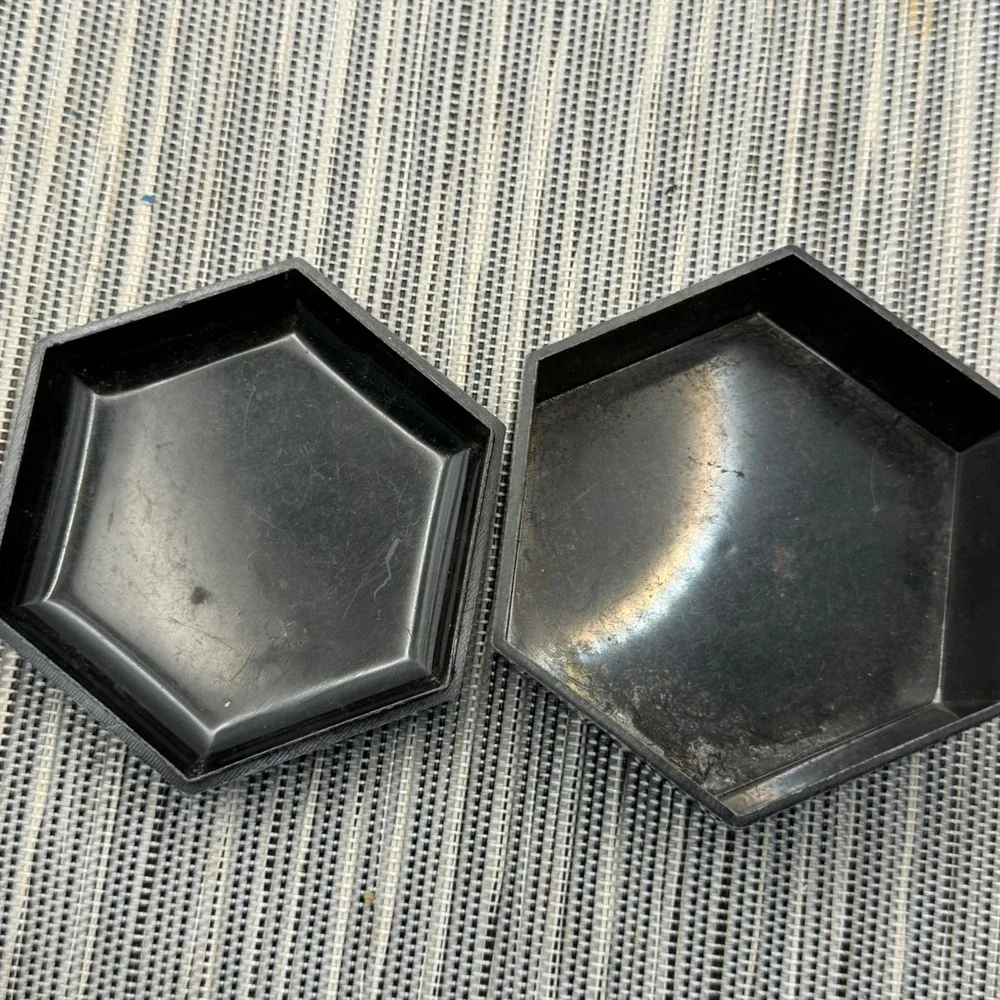 Vintage Hexagon Trinket Box Black Floral Jewelry Case Japanese Style Small 2.75